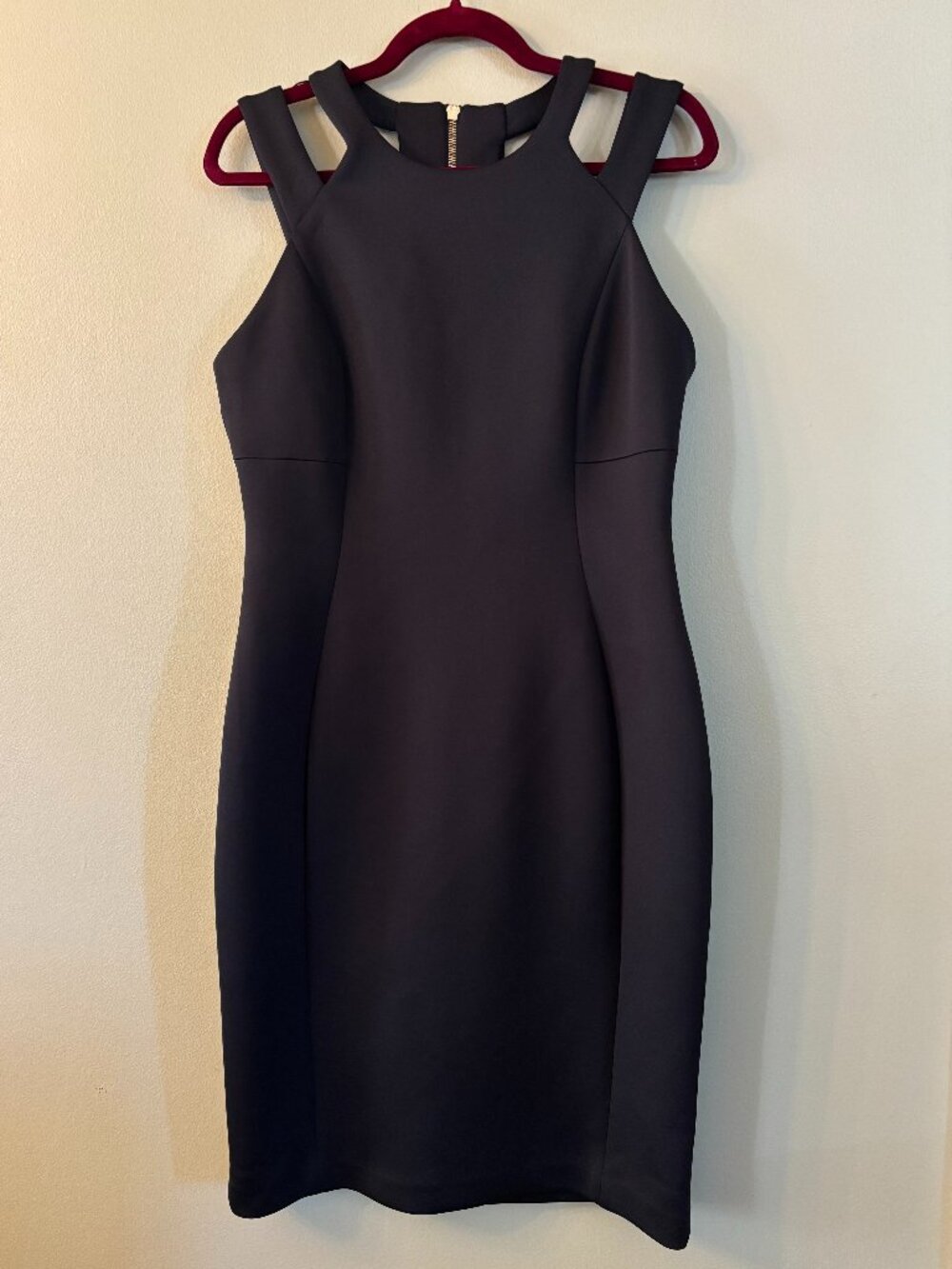 Calvin Klein Black Sheath Cocktail Dress Cutout Shoulder Gold Zip Size 10